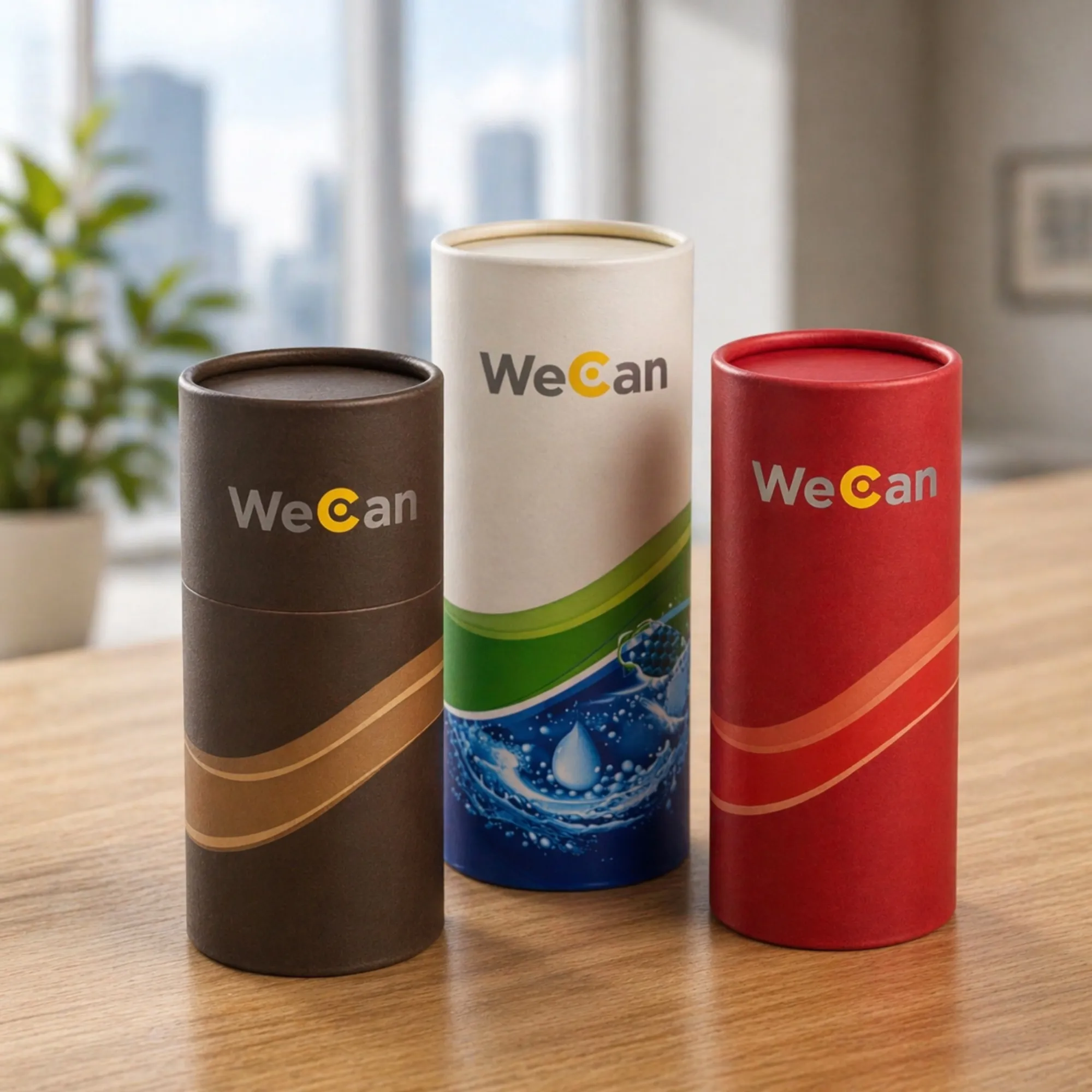 Three curling cans in brown, white and red finishes
