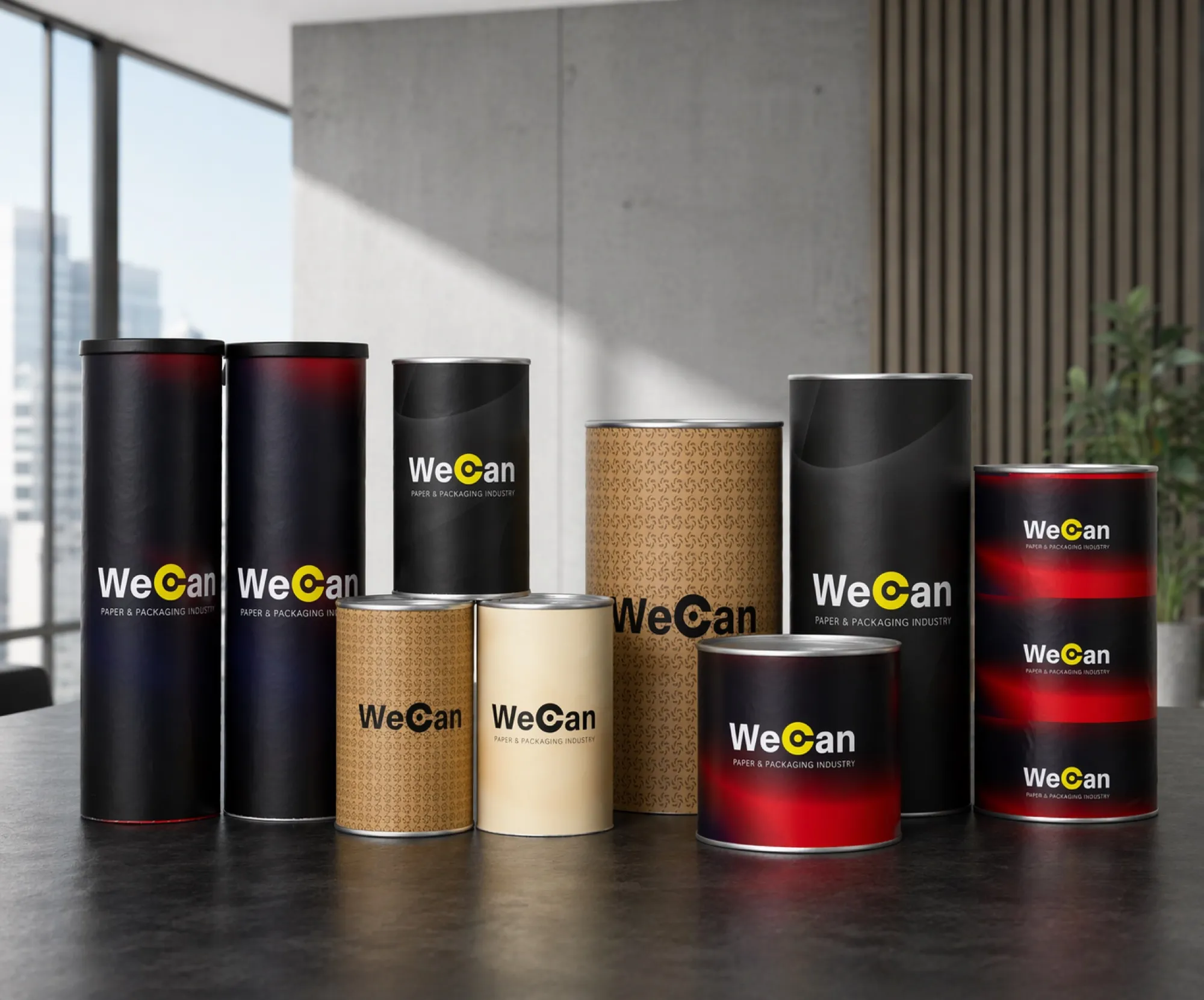 WeCan composite paper cans in black, kraft and red finishes