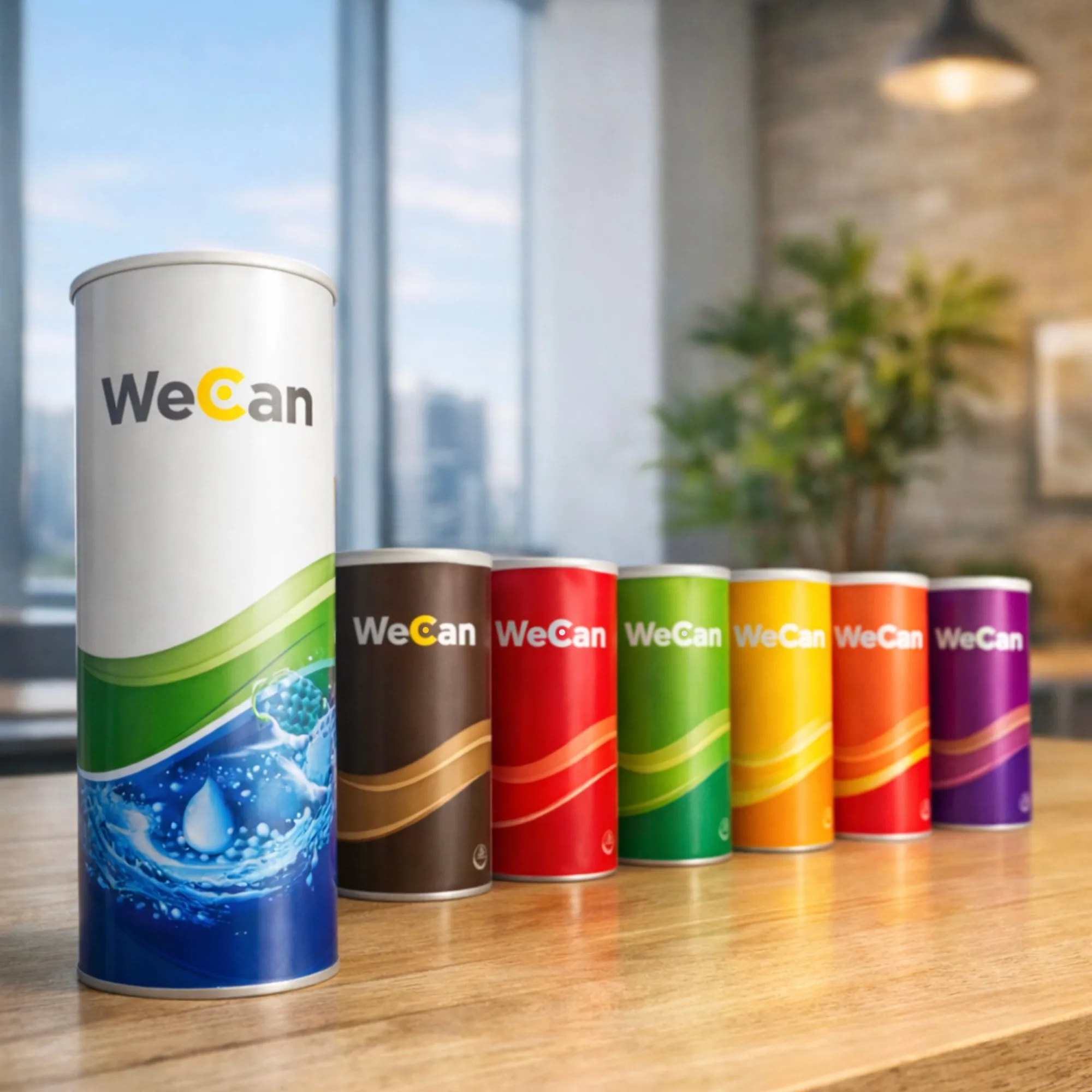 Printed composite paper cans in a range of colours