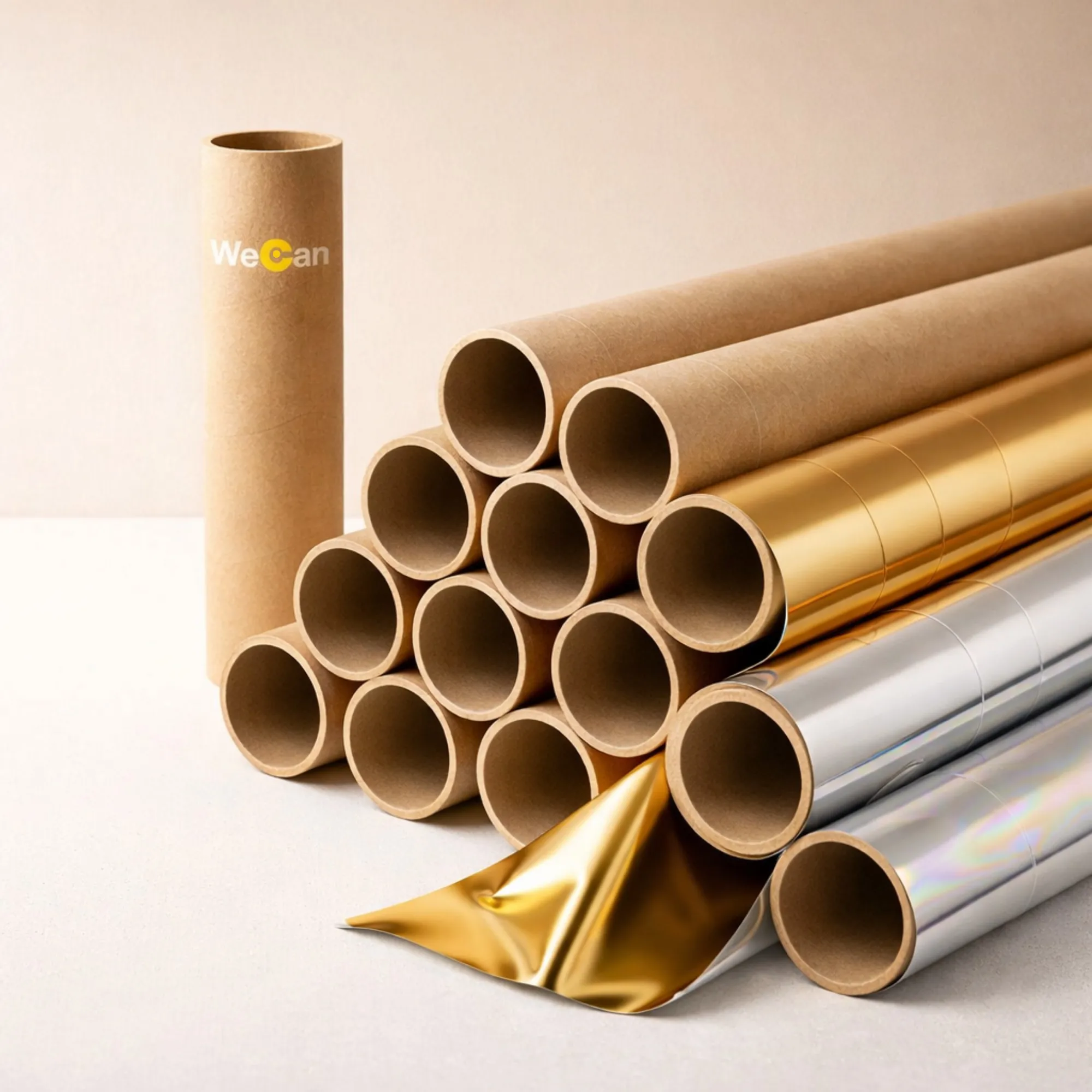Stack of kraft paper cores with film and foil rolls